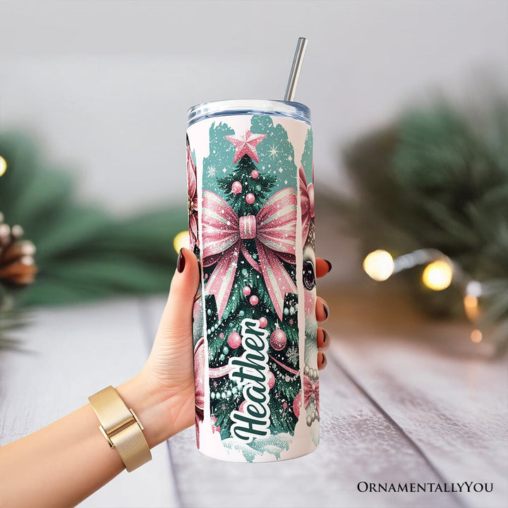 Vintage Tree, Reindeer, Santa and Snowman 20oz Personalized Tumbler With Lid and Stainless Steel Straw, Coquette Pink Christmas Gift Cup Tumbler OrnamentallyYou 