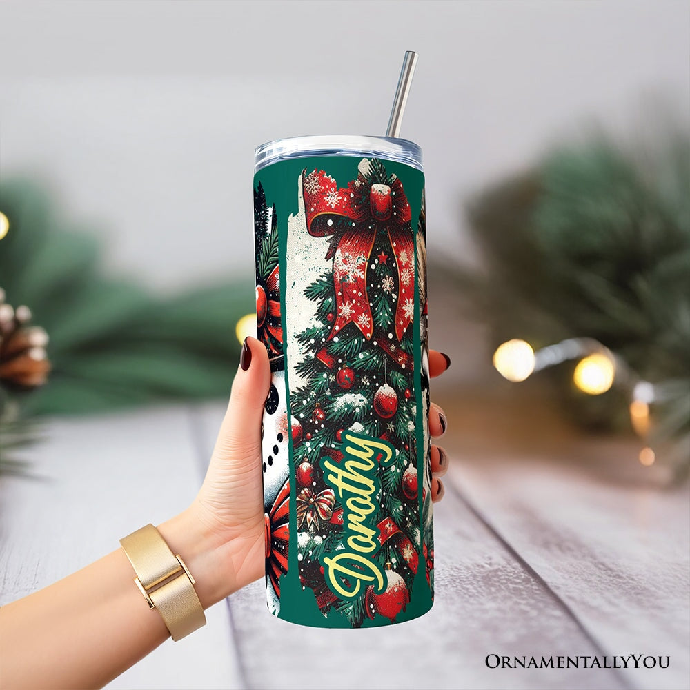 Vintage Tree, Reindeer, Santa and Snowman 20oz Personalized Tumbler With Lid and Stainless Steel Straw, Green Christmas Brushstrokes Gift Cup Tumbler OrnamentallyYou 
