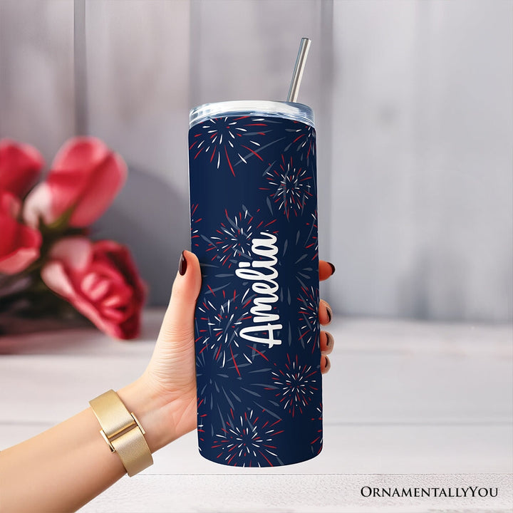 Vintage USA Block Letters 20oz Personalized Tumbler With Lid and Stainless Steel Straw, Patriotic Fireworks for Independence Day Gift Cup Tumbler OrnamentallyYou 