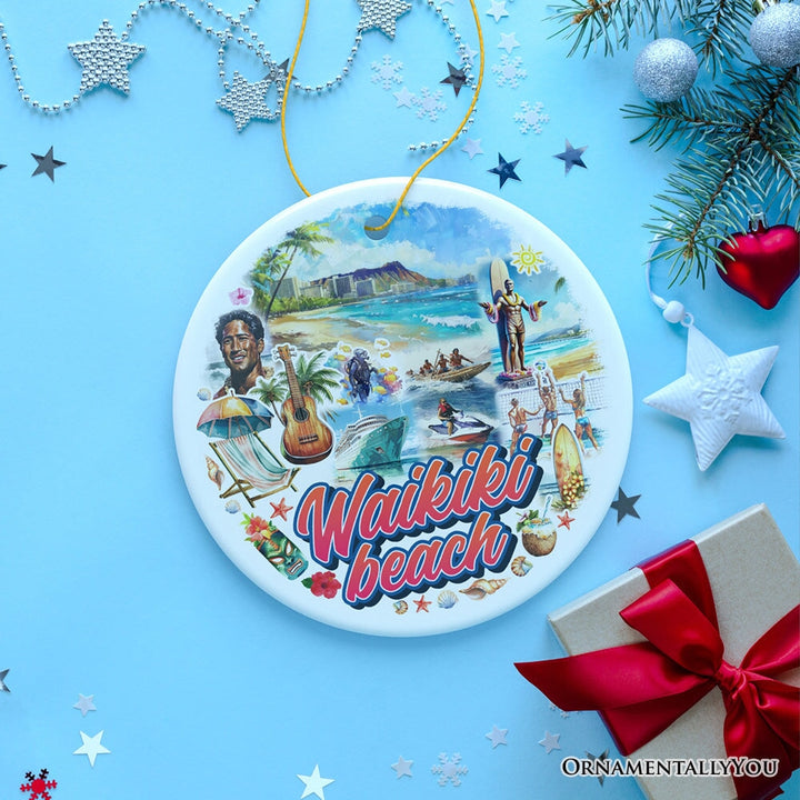 Waikiki Beach Hawaiian Paradise Ornament, Pacific Island Cultural Christmas Gift and Souvenir Ceramic Ornament OrnamentallyYou 