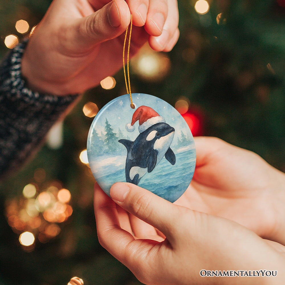 Watercolor Orca in Santa Hat Christmas Ornament, Marine Animal Holiday Keepsake and Gift Ceramic Ornament OrnamentallyYou 