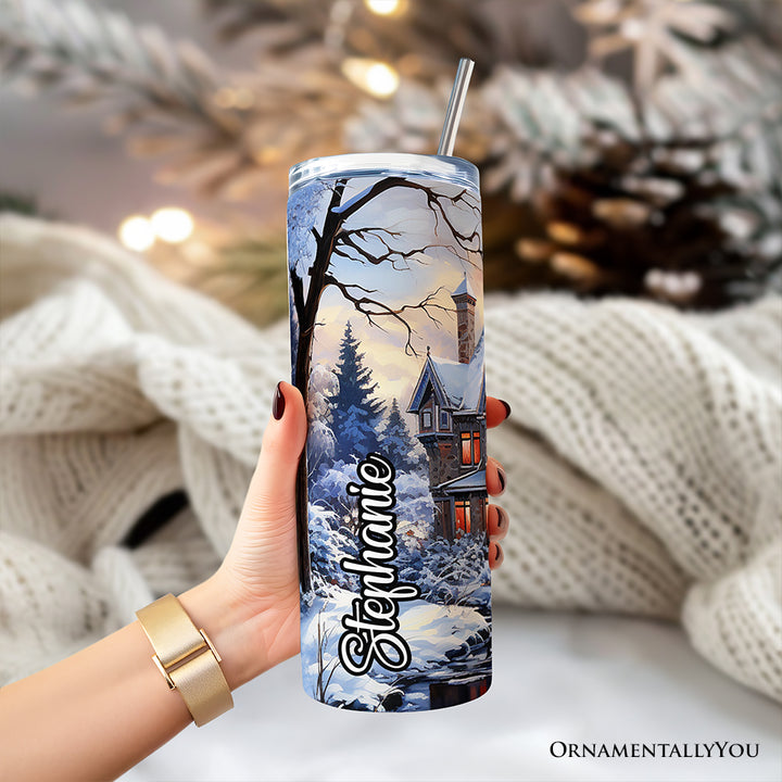 Watercolor Snowy Victorian Mansion Painting 20oz Personalized Tumbler With Lid and Stainless Steel Straw, Cozy Winter Estate Gift Cup