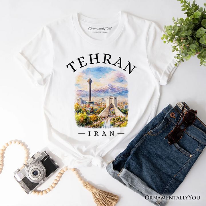 Watercolor Tehran Cityscape T-Shirt, Iran Landmarks Azadi and Milad Tower Tee