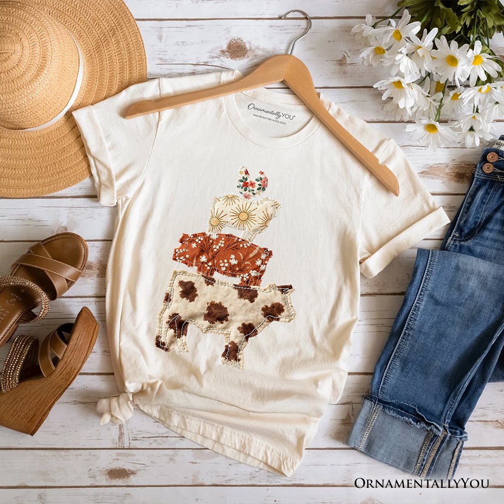 Western Farm Animals Printed Faux Patchwork T-Shirt, Country Cow Pig Sheep Hen Tee T-Shirts OrnamentallyYou Natural XS 