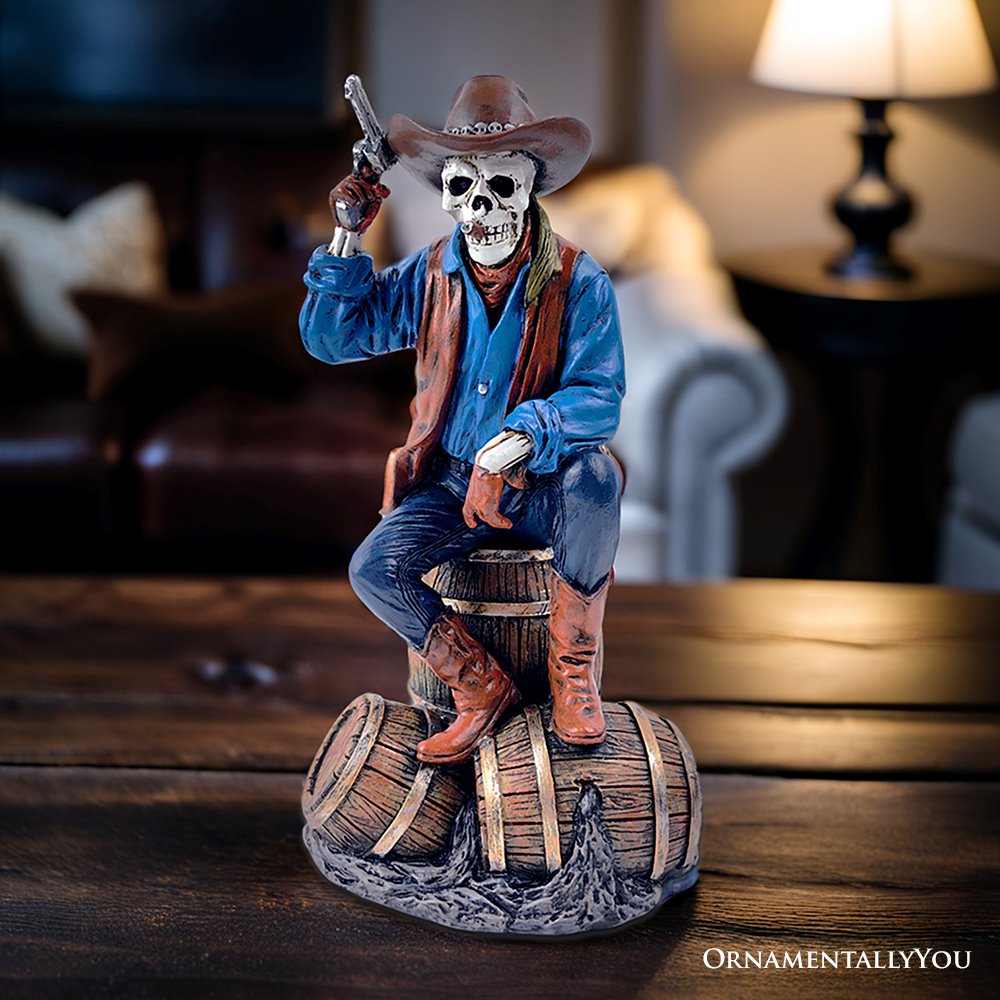 (Pre-Order) Western Skeleton Gunslinger Statue Figurine, 10" Gothic Cowboy Wild West Home Decor Resin Statues OrnamentallyYou 