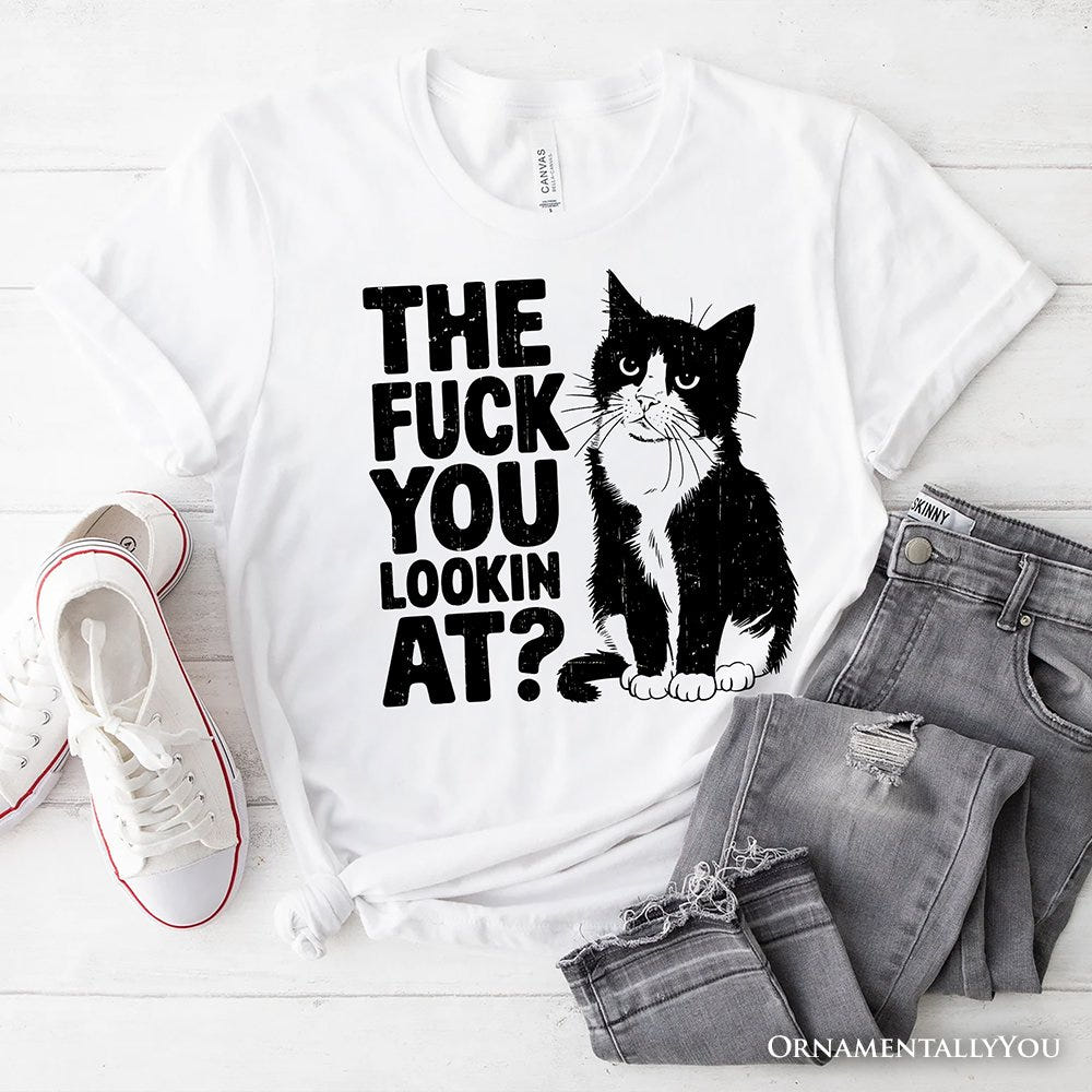 What Are You Looking At T-Shirt, Sarcastic Cat Lover White Tee for Sassy People T-Shirts OrnamentallyYou White XS 