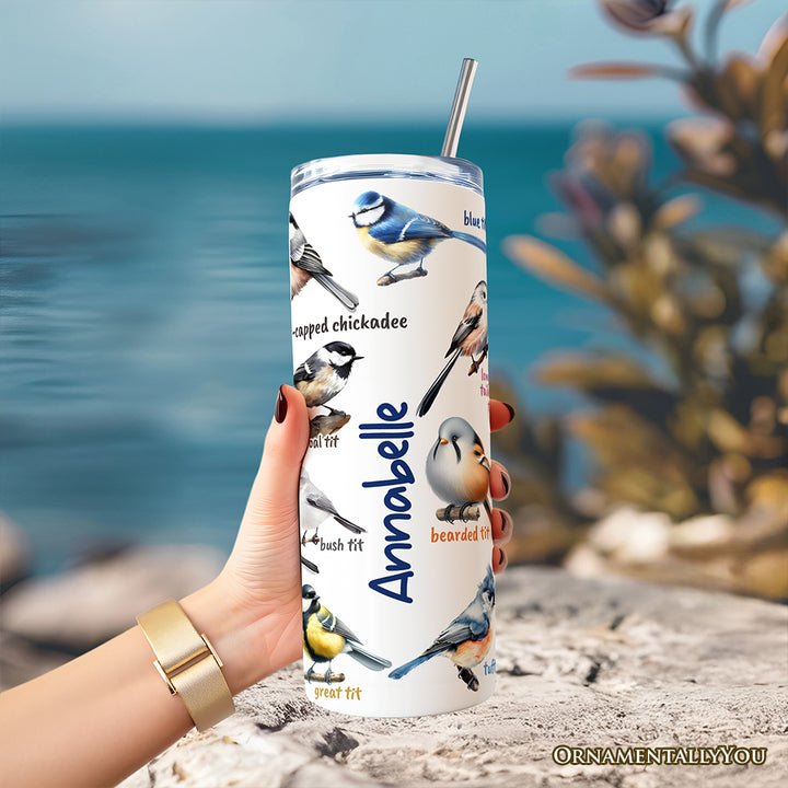 Whimsical Bird Tit 20oz Personalized Tumbler With Lid and Stainless Steel Straw, Funny Birdwatcher Gift Cup