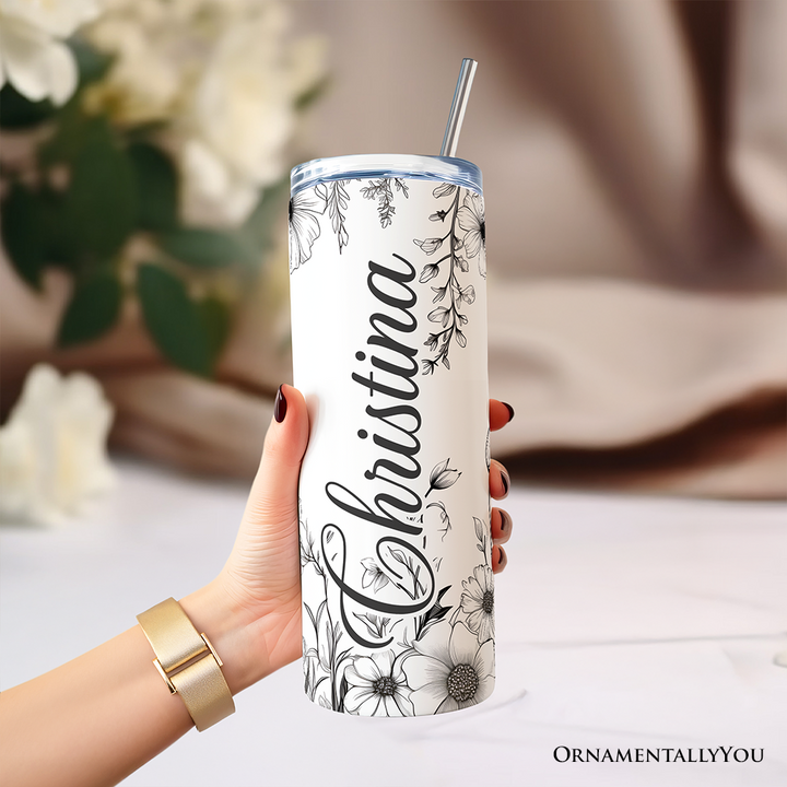 White and Black Wild Flowers Tumbler With Lid and Stainless Steel Straw, Beautiful Spring Travel Mug Gift