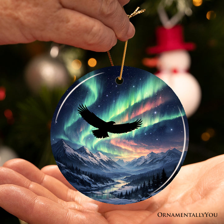 Wild Aurora Bald Eagle Ceramic Ornament, Northern Lights Bird of Prey Gift and Tree Decor