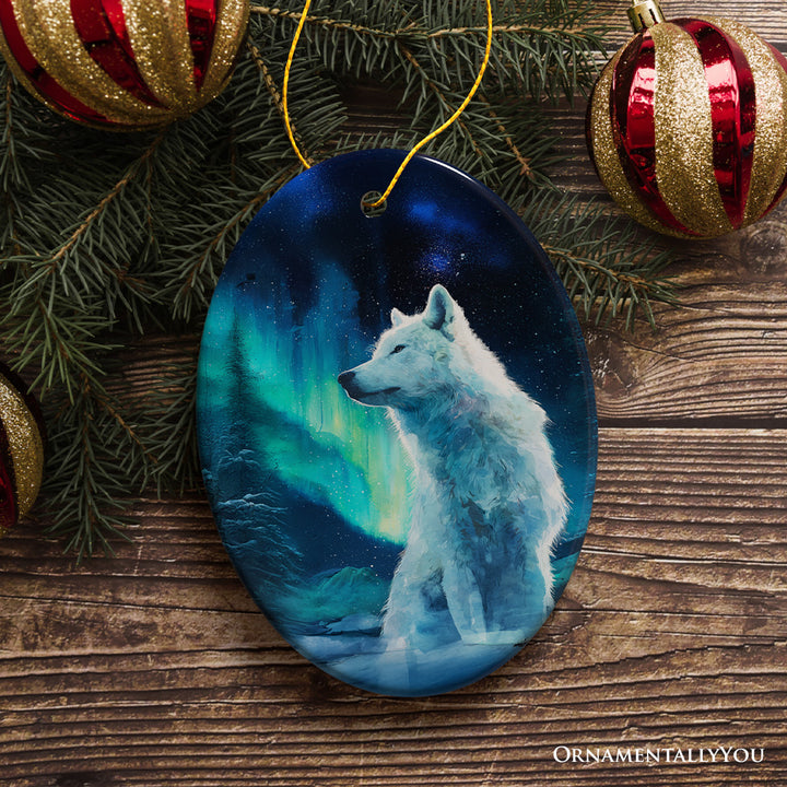 Wild Aurora White Wolf Ceramic Ornament, Northern Lights Arctic Wolf Gift and Tree Decor