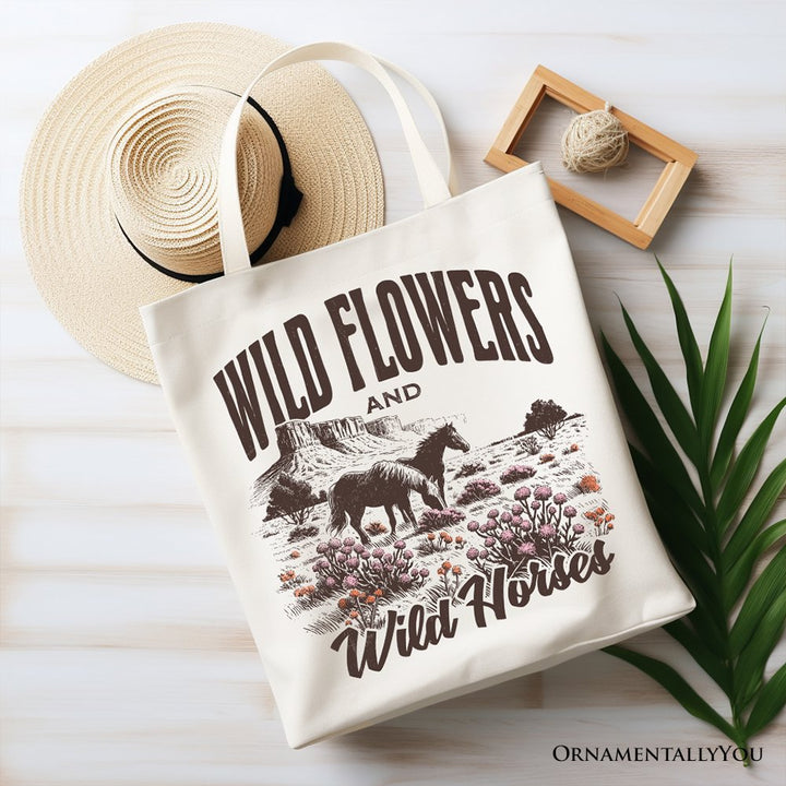 Wild Flowers and Wild Horses Canvas Tote Bag, Retro Western Gift for Free-Spirited Women Tote Bag OrnamentallyYou Beige 