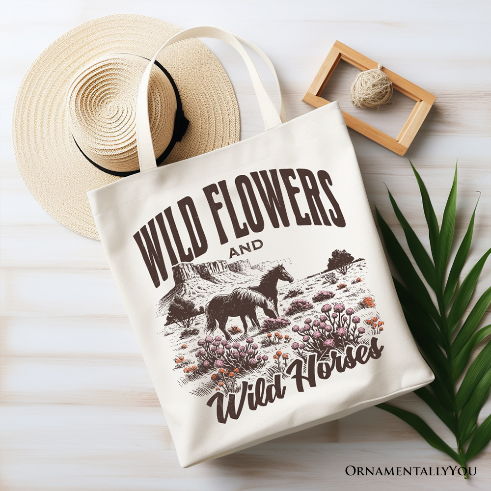 Wild Flowers and Wild Horses Canvas Tote Bag, Retro Western Gift for Free-Spirited Women