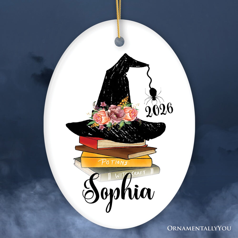 Witch Hat and Books Theme Customized Girls Ornament Ceramic Ornament OrnamentallyYou Oval 