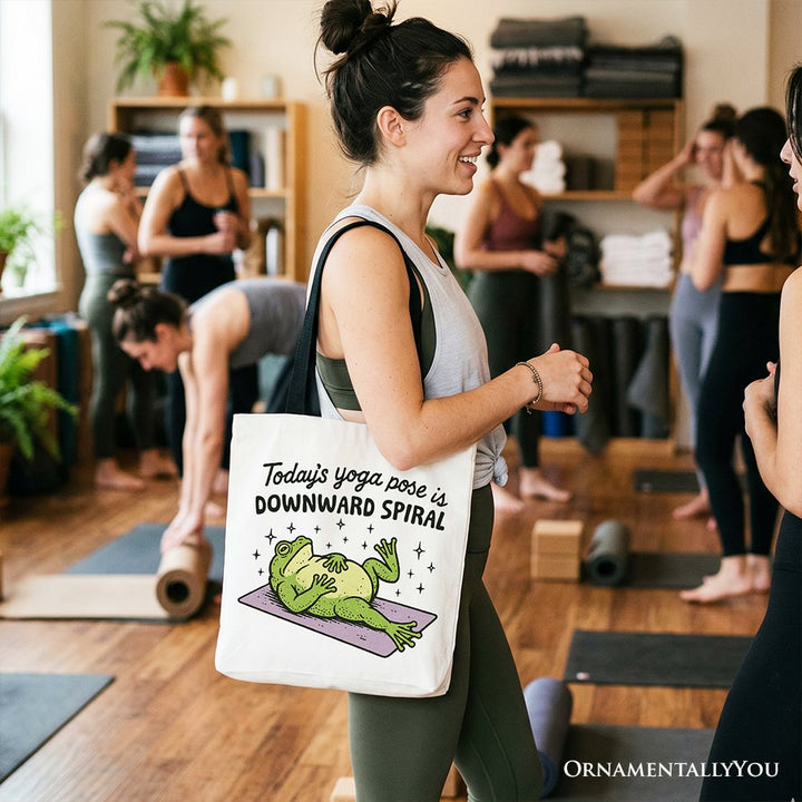 Yoga Frog Downward Spiral Tote Bag, Funny Mental Health Humor Gift Shopper Tote Bag OrnamentallyYou 
