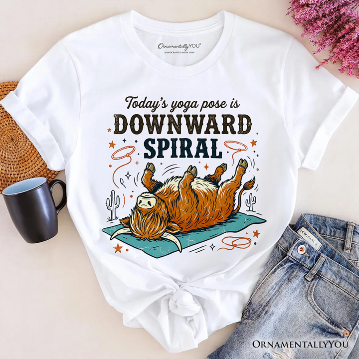 Yoga Highland Cow T-Shirt, Funny Downward Spiral Mental Health Tee
