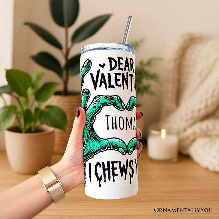Zombie Valentine Hands I Chews You Tumbler With Lid and Stainless Steel Straw, Funny Travel Mug Gift for Horror Spring Season
