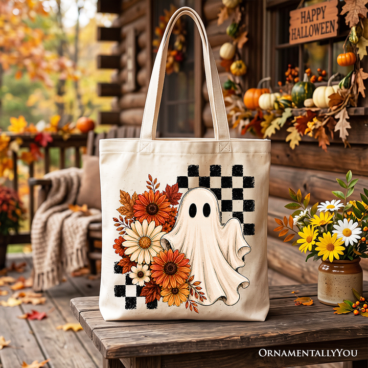Checkered Floral Ghost Tote Bag, Vintage Fall Halloween Daisy Gift Shopper