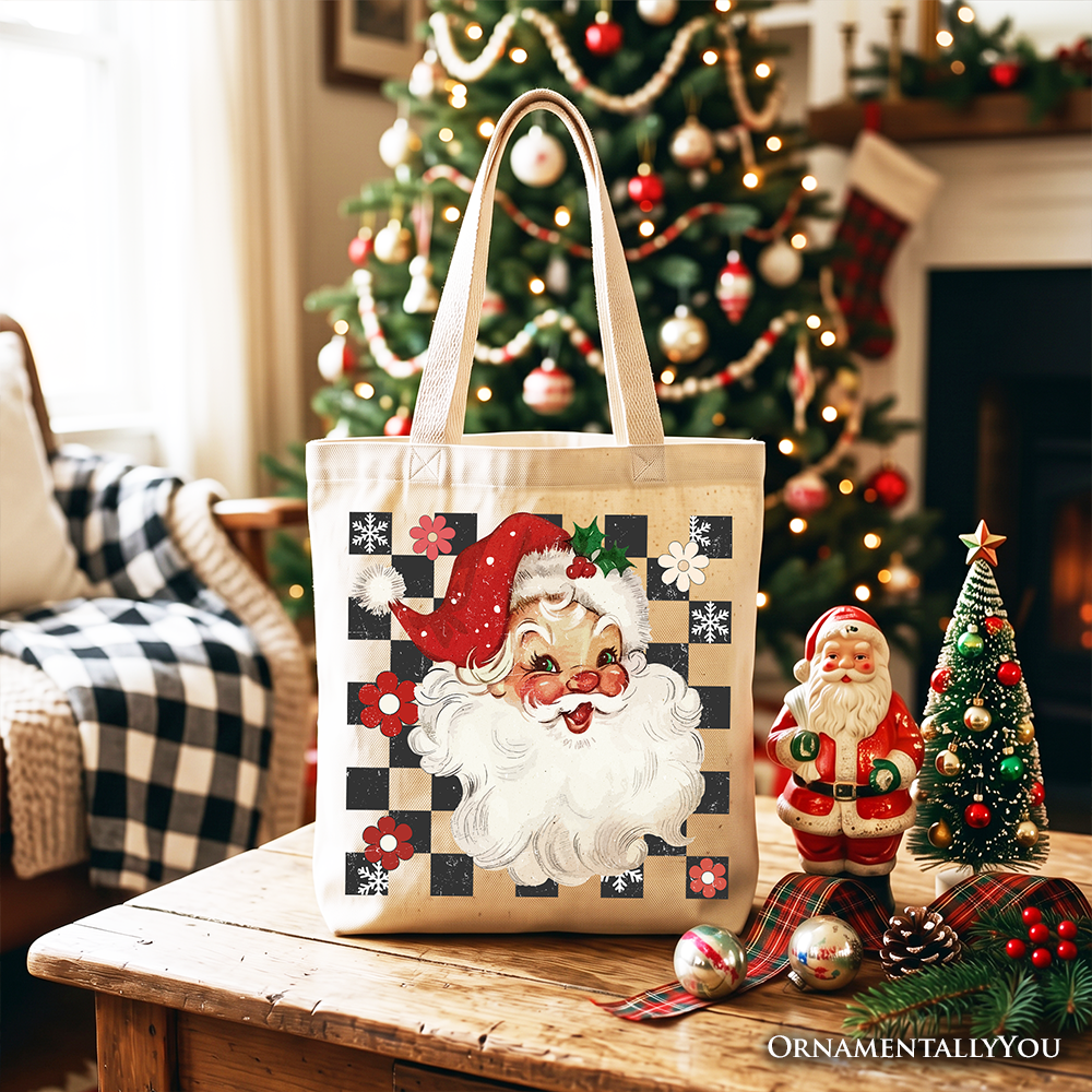 Checkered Santa Claus Vintage Tote Bag, Retro Merry Christmas Gift Shopper