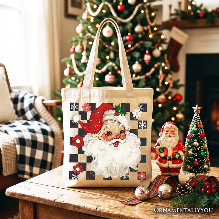 Checkered Santa Claus Vintage Tote Bag, Retro Merry Christmas Gift Shopper