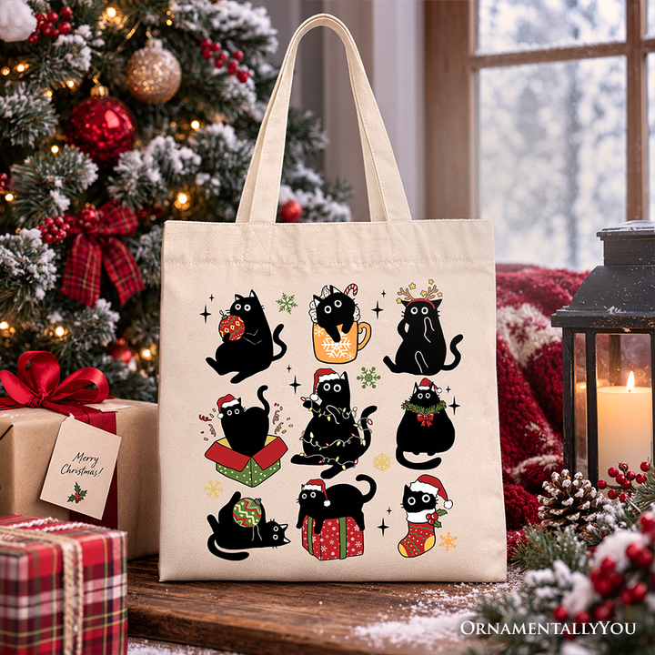 Christmas Black Cats Tote Bag, Whimsical Cats with Santa Hat Gift Shopper