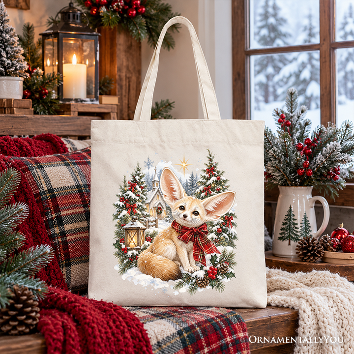 Church Fennec Fox Christmas Tote Bag, Winter Holiday Animal Gift Shopper