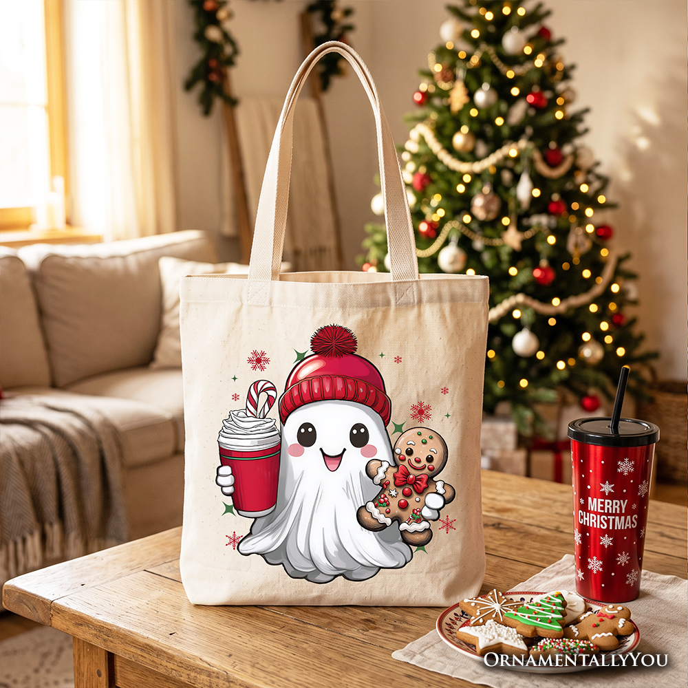 Cute Ghost Christmas Tote Bag, Adorable Gingerbread and Cocoa Holiday Gift Shopper