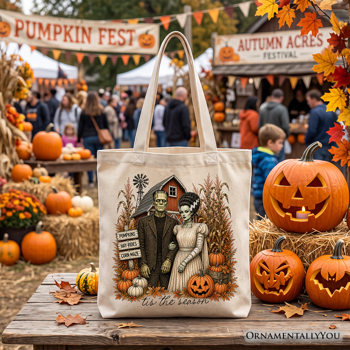 Frankenstein Couple Pumpkin Patch Tote Bag, Vintage Halloween Fall Festival Gift Shopper