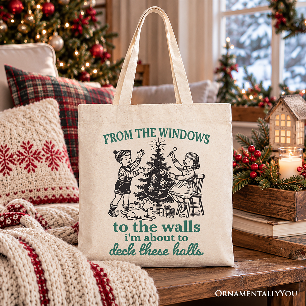 From the Windows to the Walls Deck These Halls Tote Bag, Funny Vintage Christmas Gift Shopper