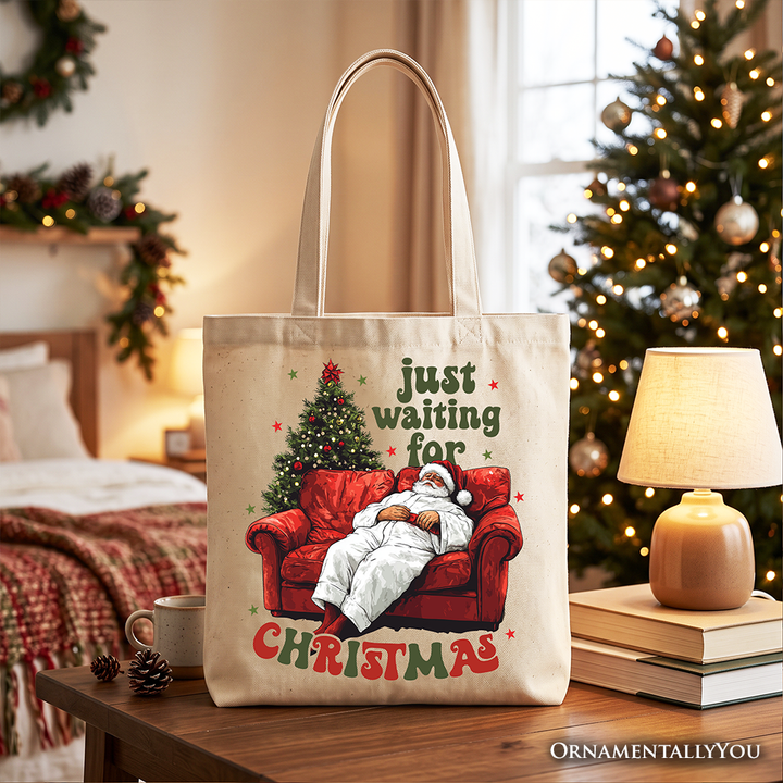 Funny Fat Santa Couch Tote Bag, Just Waiting for Christmas Gift Shopper for Lazy Holiday Season
