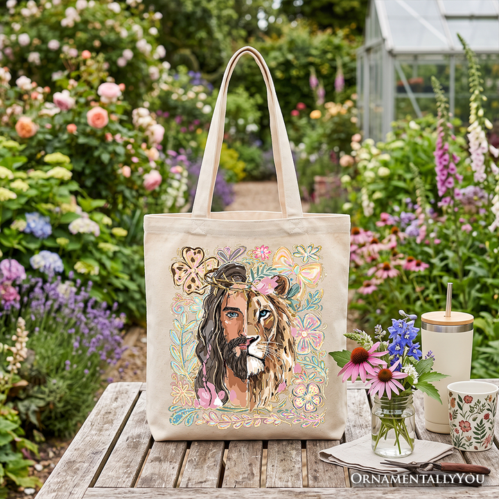 Lion of Judah Christian Tote Bag, Floral Jesus Religious Faith Gift Shopper