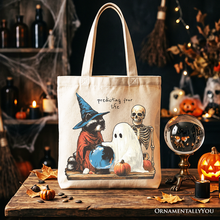 Predicting Your Life Witch Racoon Tote Bag, Vintage Halloween Ghost Skeleton Fortune Teller Gift Shopper