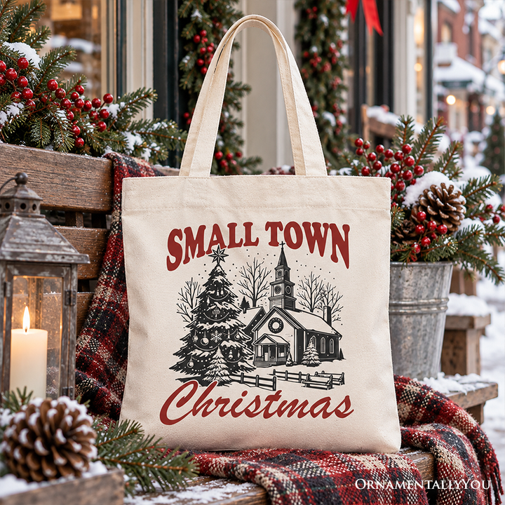 Small Town Christmas Vintage Tote Bag, Rustic Winter Church Gift Shopper