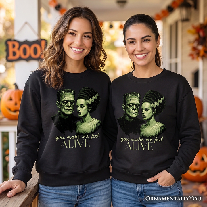 Frankenstein And Bride You Make Me Feel Alive Sweatshirt, Valentine Retro Horror Couples Love Sweater