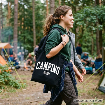 Camping Mode Varsity Tote Bag, Minimalist Outdoors Gift Shopper Tote Bag OrnamentallyYou 