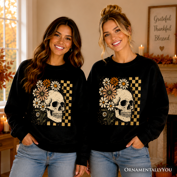 Checkered Floral Skeleton Sweatshirt, Vintage Skull Daisy Halloween Sweater