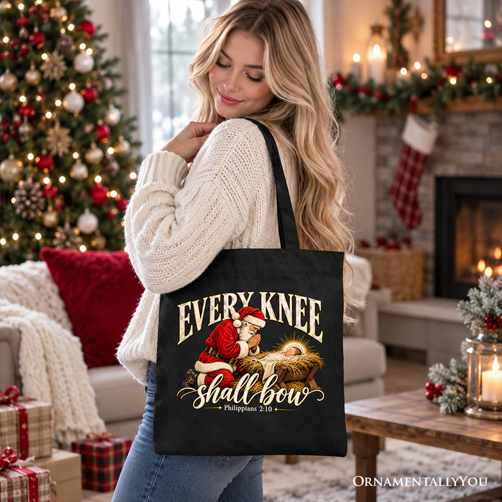 Every Knee Shall Bow Christmas Christian Tote Bag, Santa Nativity Faith Gift Shopper
