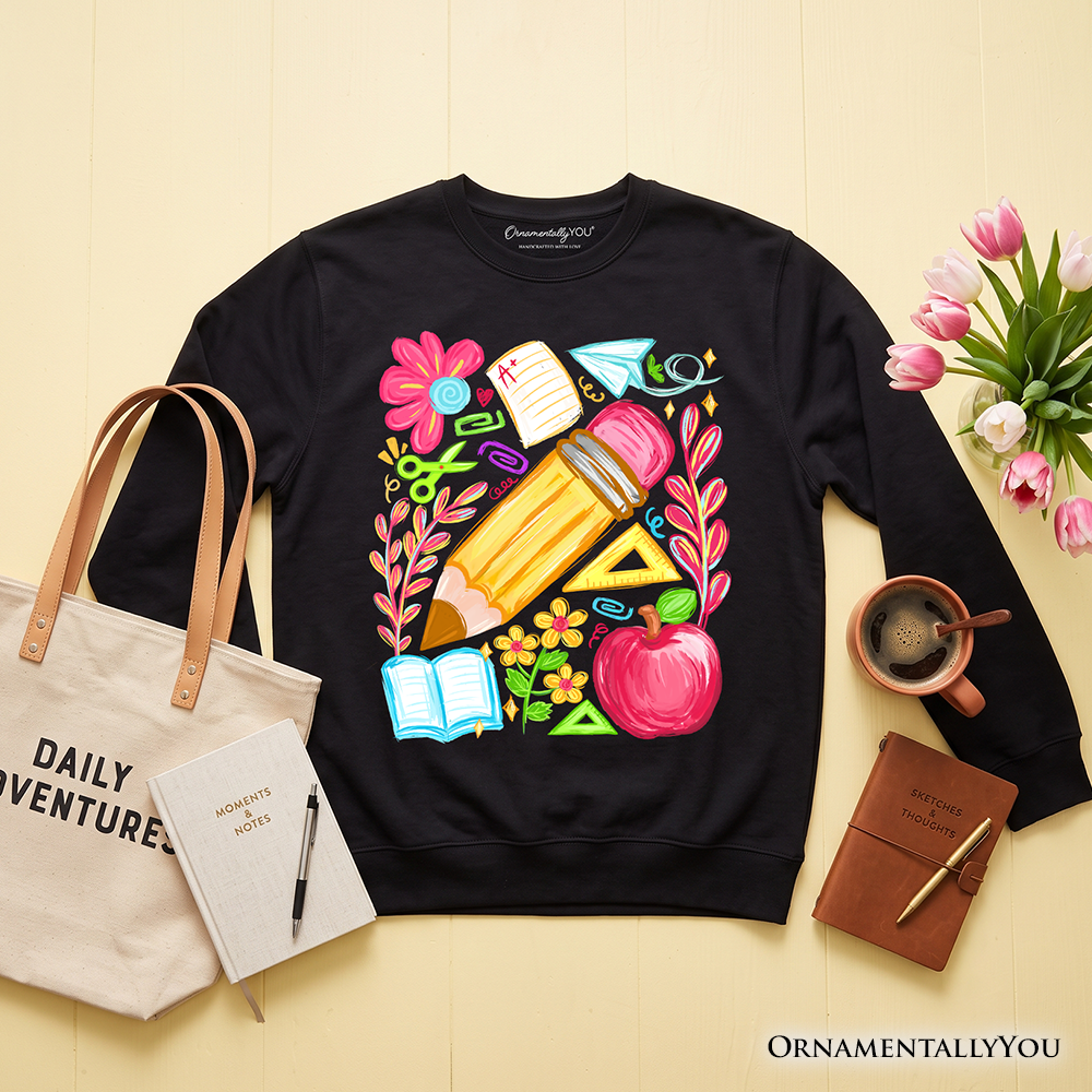 Floral Teacher Pencil Sweatshirt, Colorful Back to School Sweater
