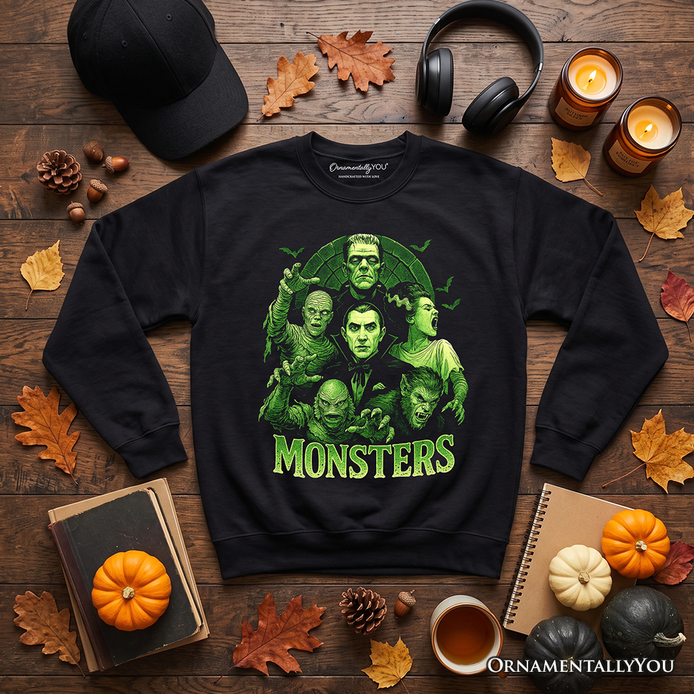 Green Retro Monsters Sweatshirt, Vintage Classic Horror Halloween Sweater