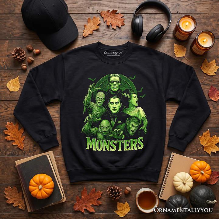 Green Retro Monsters Sweatshirt, Vintage Classic Horror Halloween Sweater
