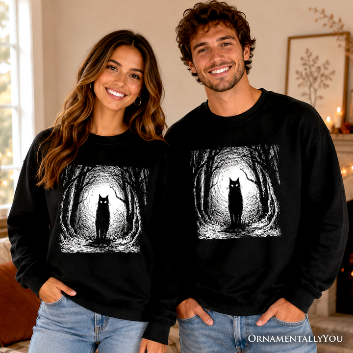 Haunted Forest Black Cat Sweatshirt, Spooky Halloween Night Sweater