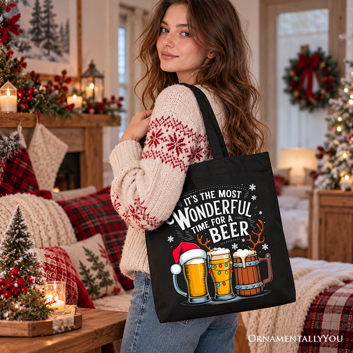 It's The Most Wonderful Time For a Beer Tote Bag, Funny Holiday Beer Christmas Gift Shopper for Festive Drinkers