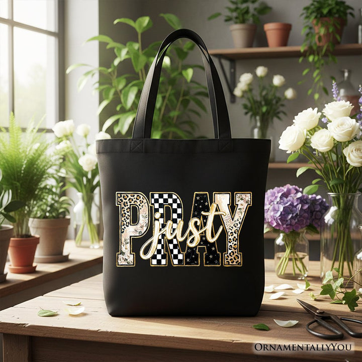 Just Pray Christian Varsity Tote Bag, Retro Leopard Checkered Faith Gift Shopper Tote Bag OrnamentallyYou Black 