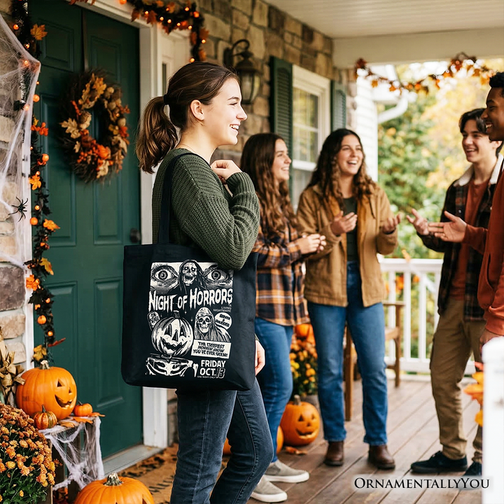 Night of Horrors Retro Halloween Tote Bag, Vintage Poster Gift Shopper for Spooky Season Fans