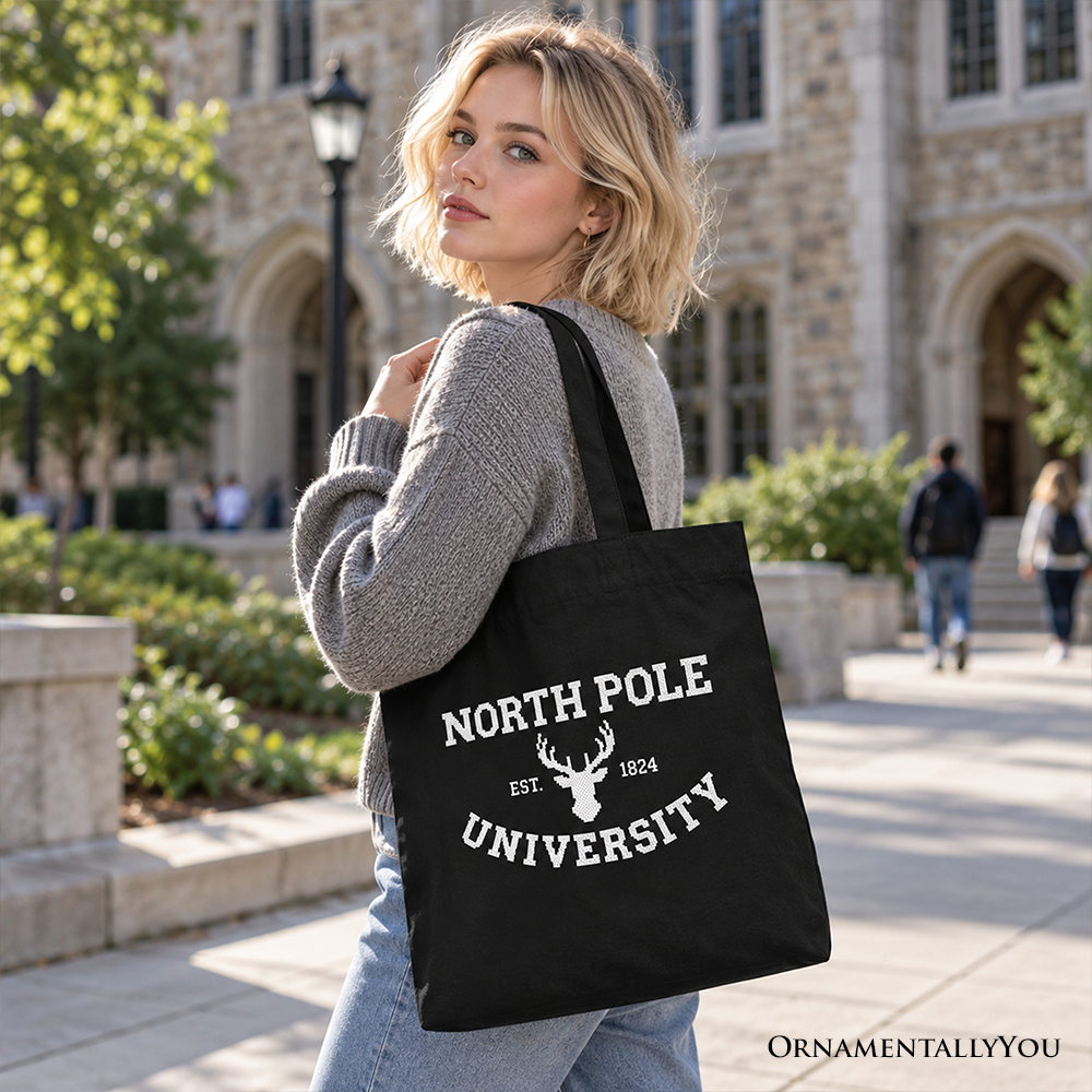 North Pole University Faux Cross Stitch Christmas Tote Bag, Winter Holiday Gift Shopper