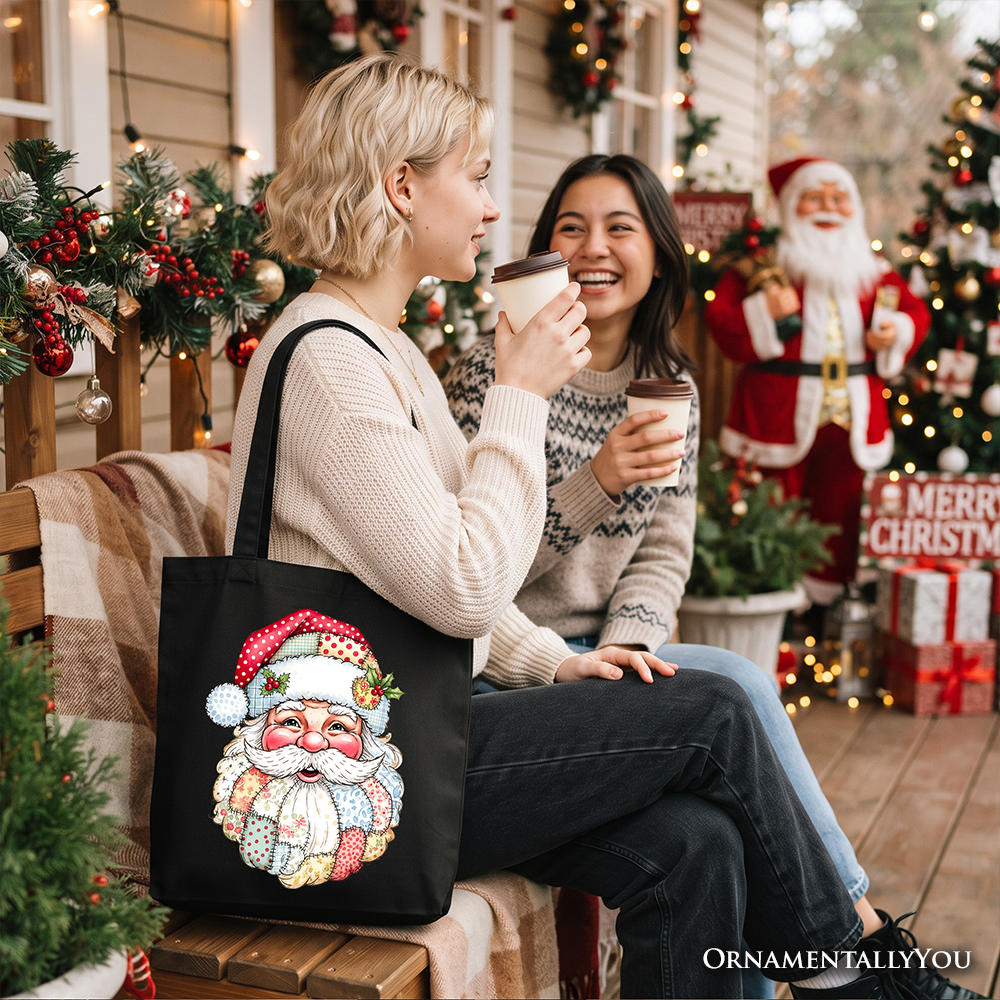 Patchwork Santa Claus Tote Bag, Retro Christmas Holiday Gift Shopper