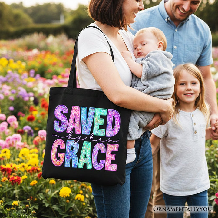 Saved By His Grace Printed Faux Sequin Christian Tote Bag, Religious Love Gift Shopper Tote Bag OrnamentallyYou 