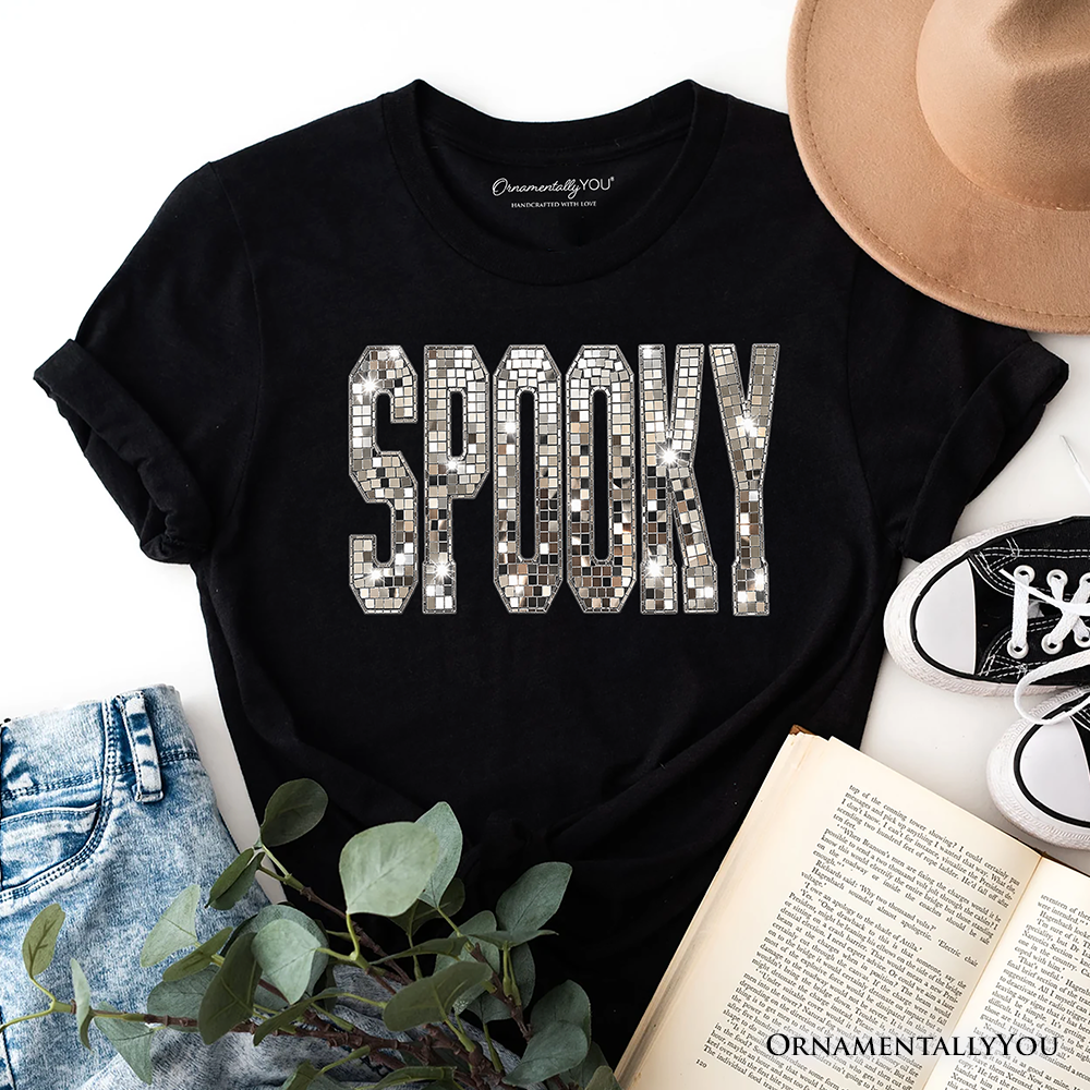 Spooky Faux Mirrored Letter Halloween T-Shirt, Disco Sparkle Tee