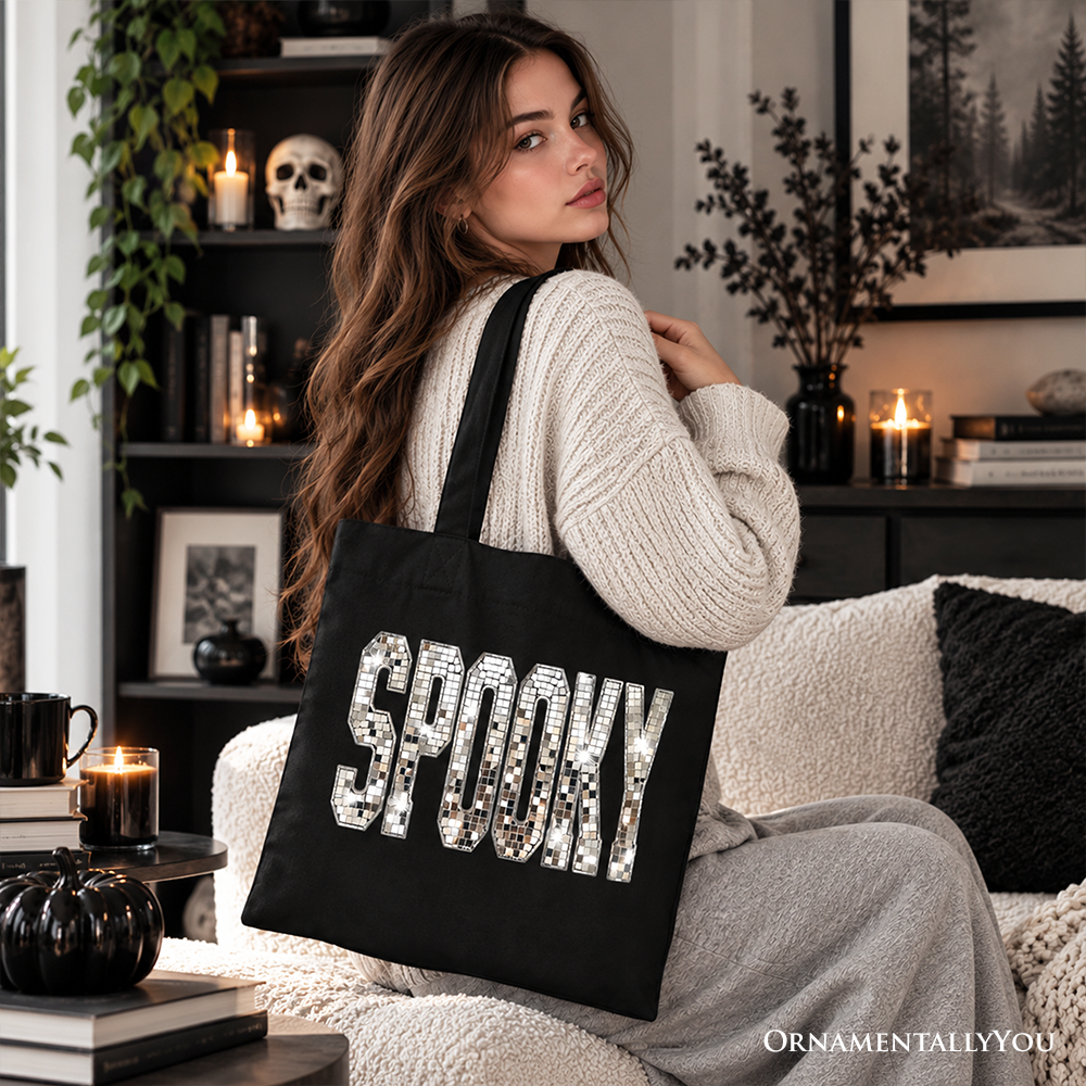 Spooky Faux Mirrored Letter Halloween Tote Bag, Disco Sparkle Gift Shopper