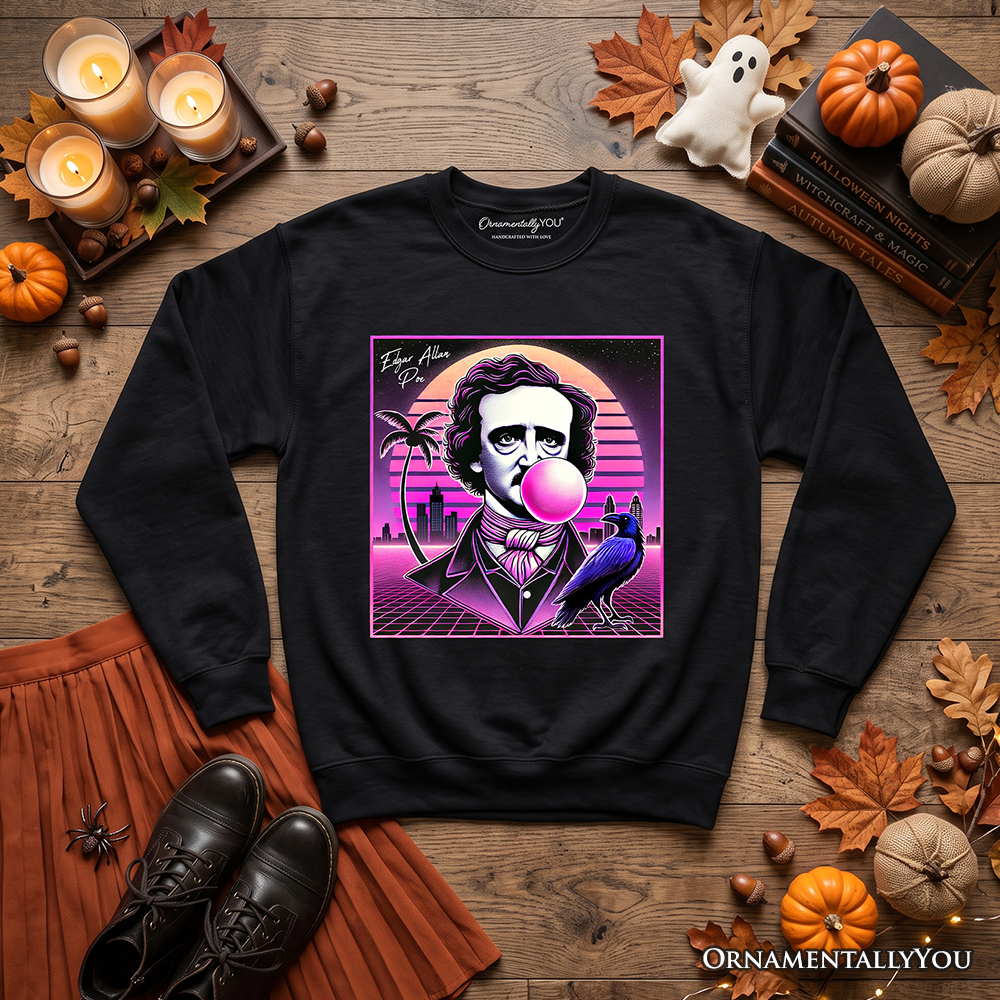 Synthwave 80's Styled Edgar Allan Poe Horror Sweatshirt, Vaperwave Classic Retro Neon Halloween Sweater