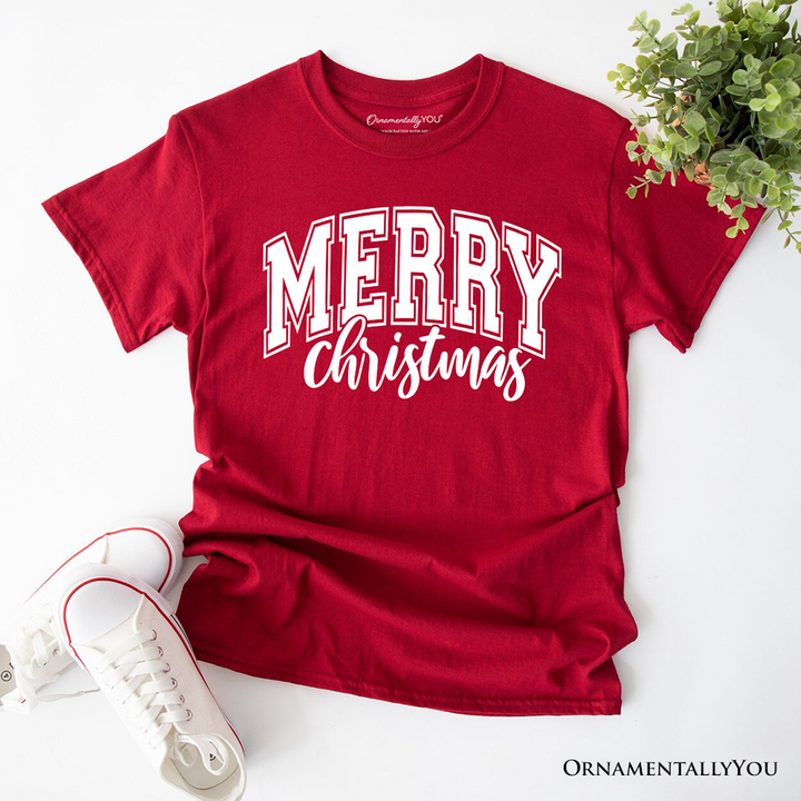 Merry Christmas Collegiate T-Shirt, Classic Holiday Typography Tee